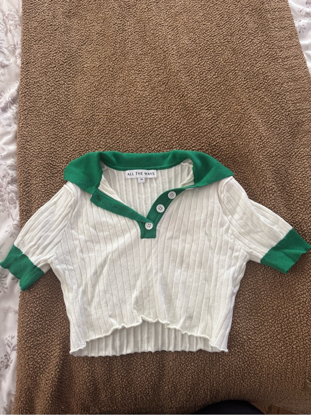 Ribbed Polo Top in White with Green Trim